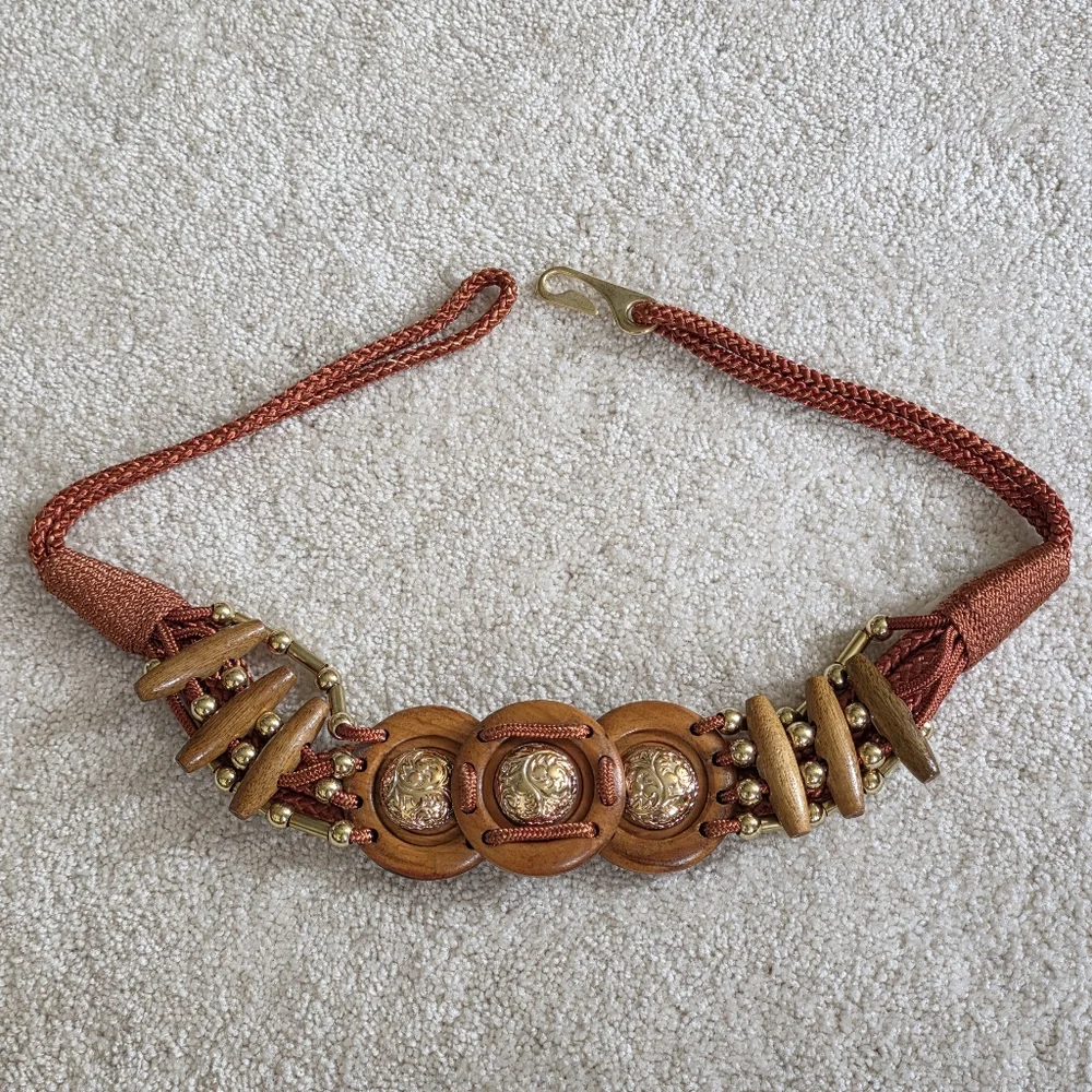 Nylon Belt With Wood Beads And Gold Accents